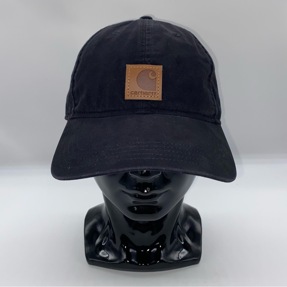 Carhartt Black Canvas Adult Baseball Hat Cap Strap back w/ Leather Logo